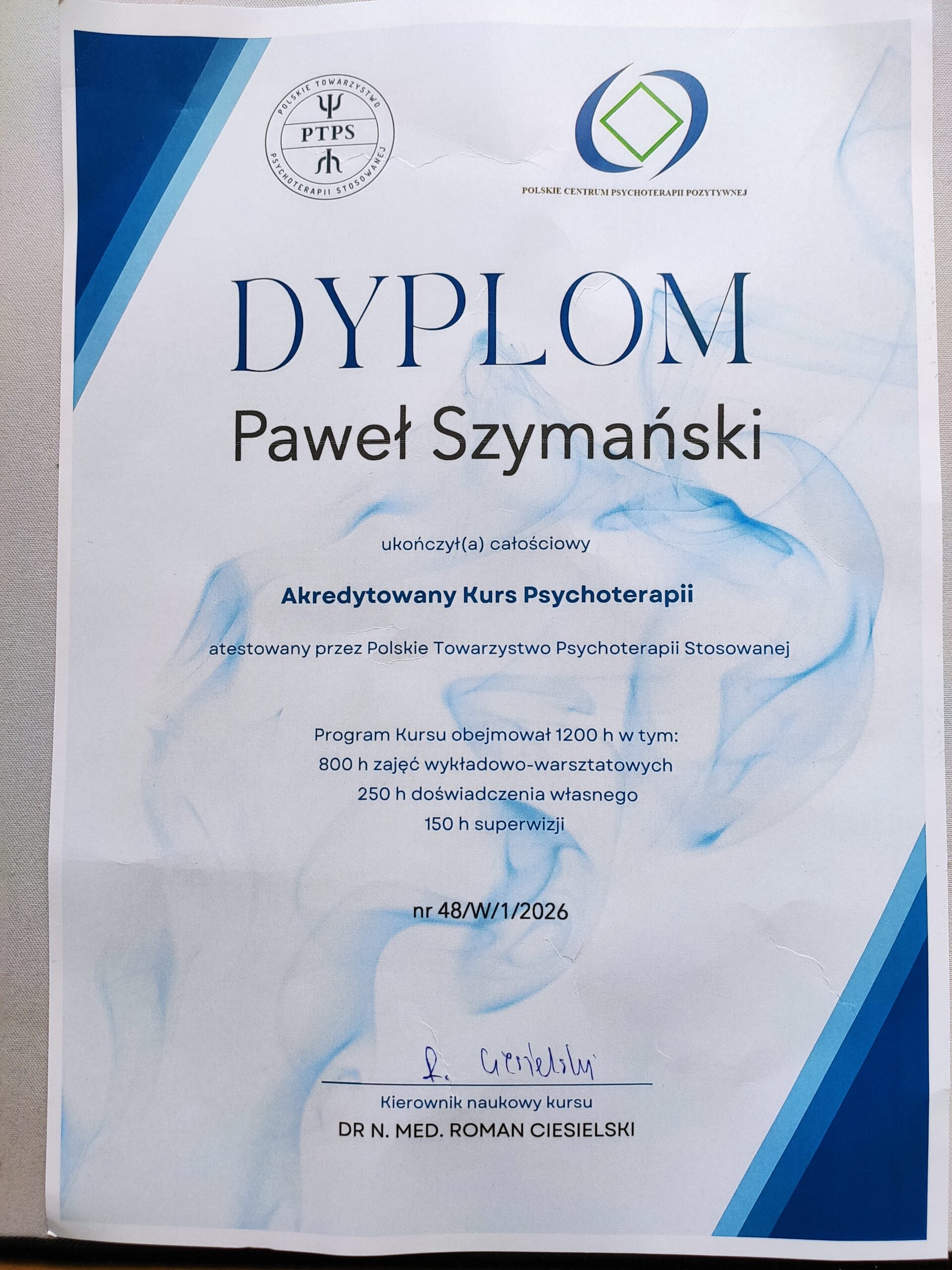 Dyplom ukończenia Akredytowanego Kursu Psychoterapii 1200 godzin – Paweł Szymański