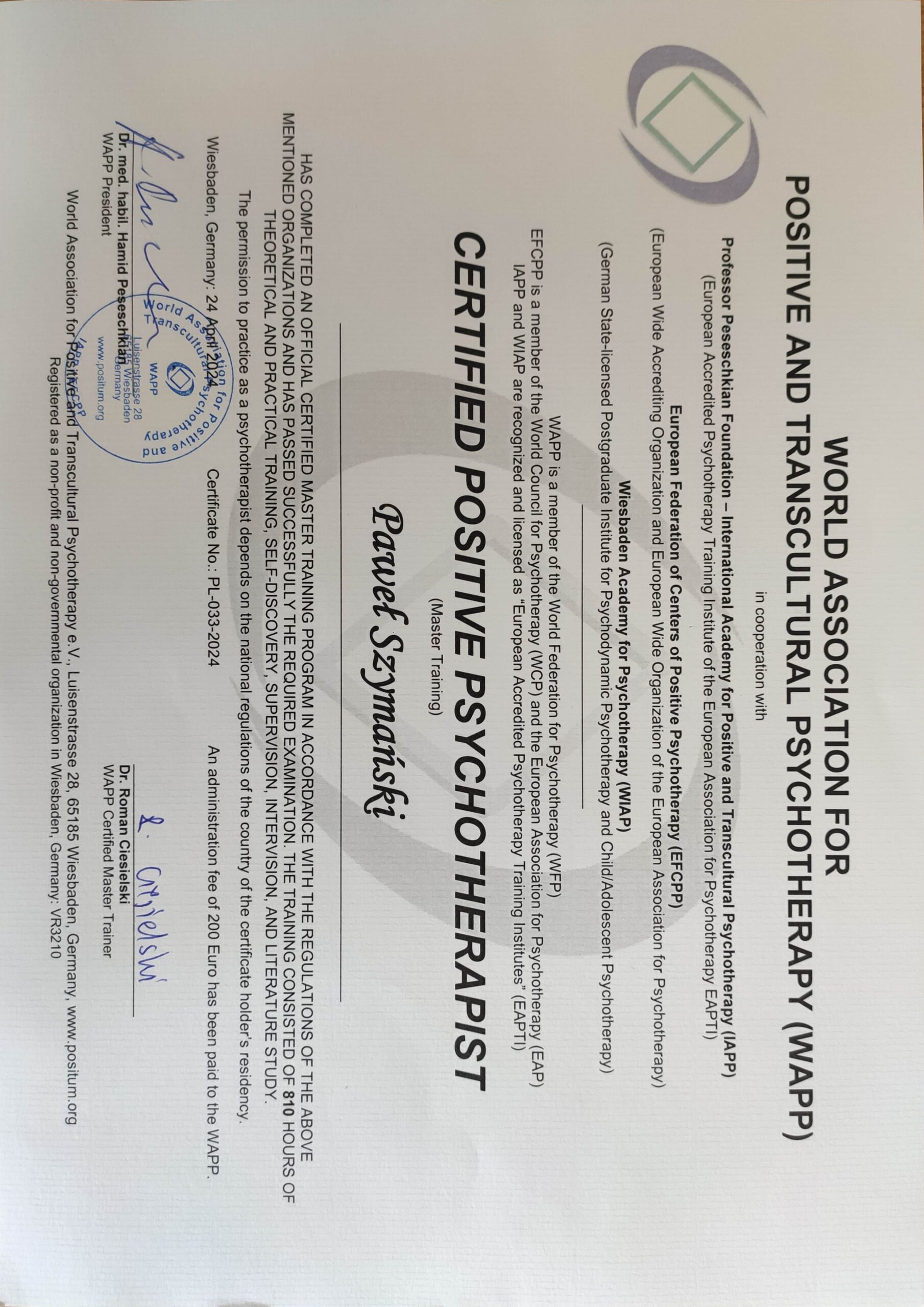 Międzynarodowy certyfikat Certified Positive Psychotherapist Master Training – Paweł Szymański